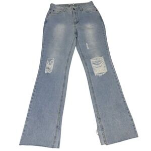 NWOT Avec Les Filles high-rise‎ raw hem split cuff denim jeans in a light wash